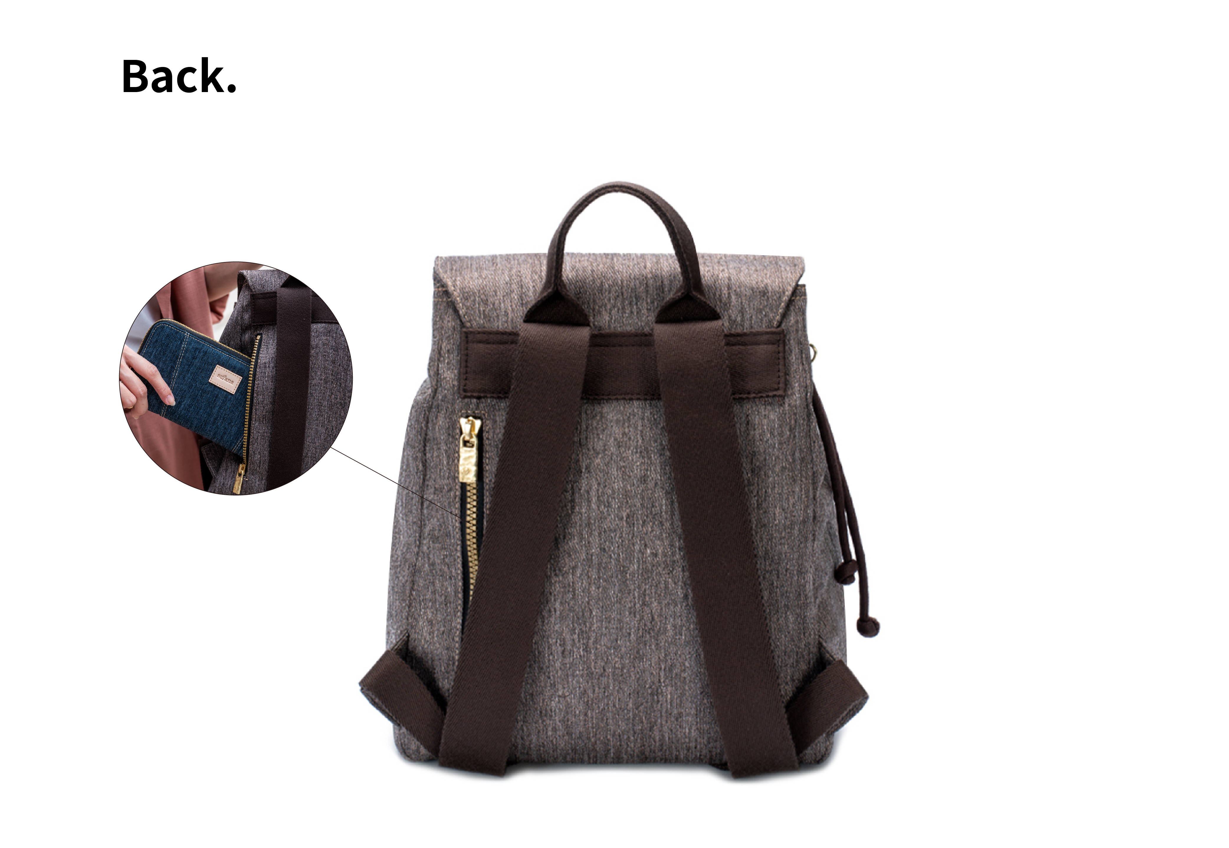 satana Denim 時尚束口後背包 麻花棕 SDNN0200 背面照