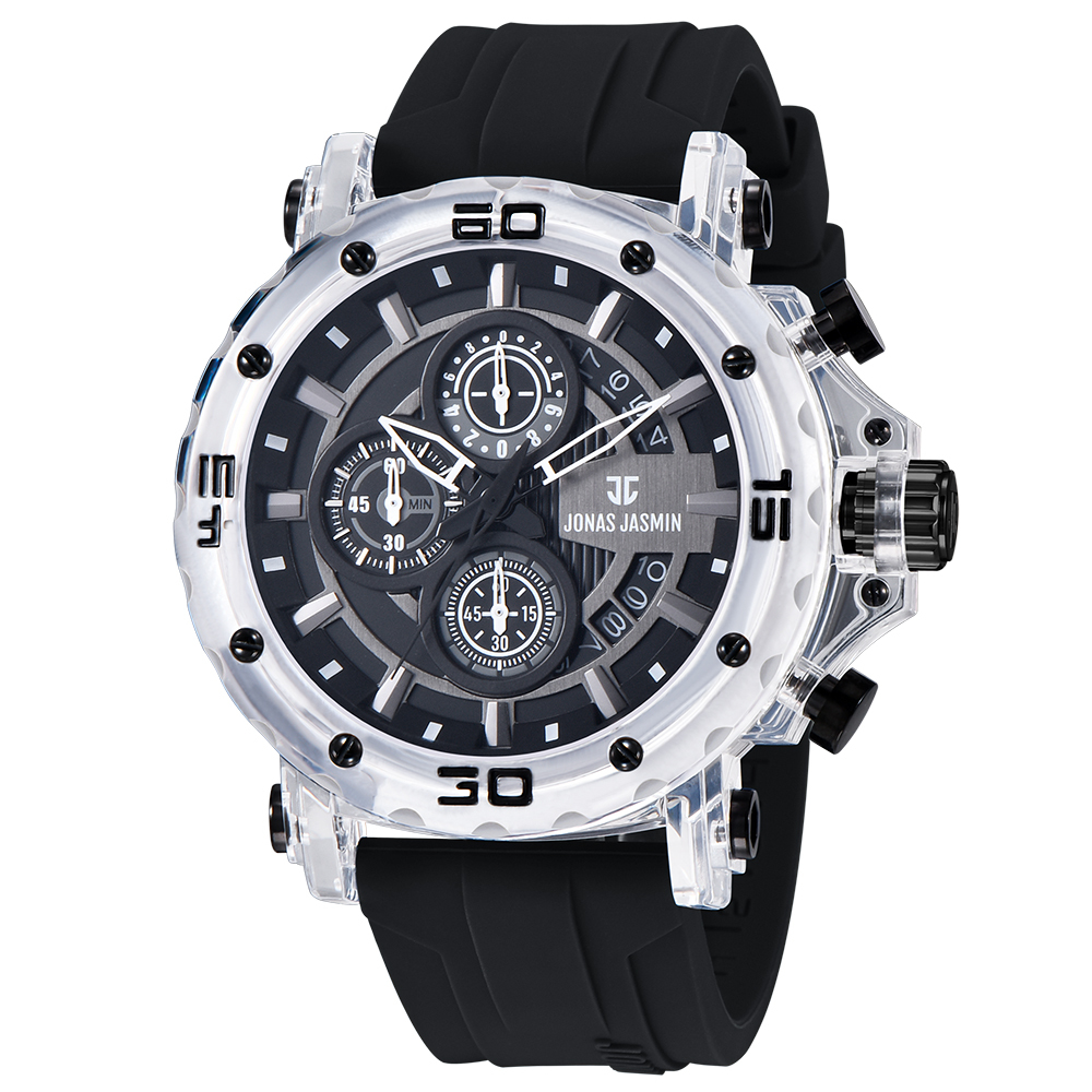 【Jonas Jasmin 喬納斯】JJ-5335MC-P真三眼帶日期男款矽膠石英錶-