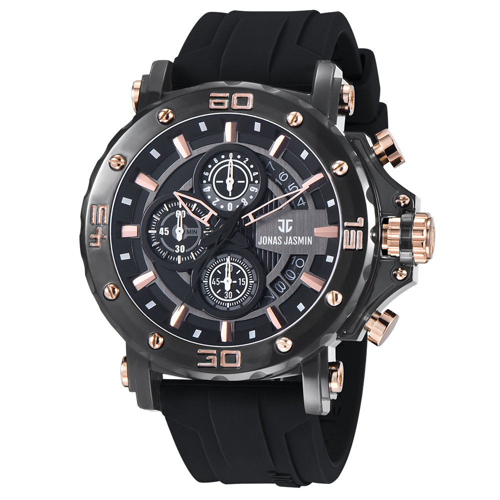【Jonas Jasmin 喬納斯】JJ-5335MC-P真三眼帶日期男款矽膠石英錶-
