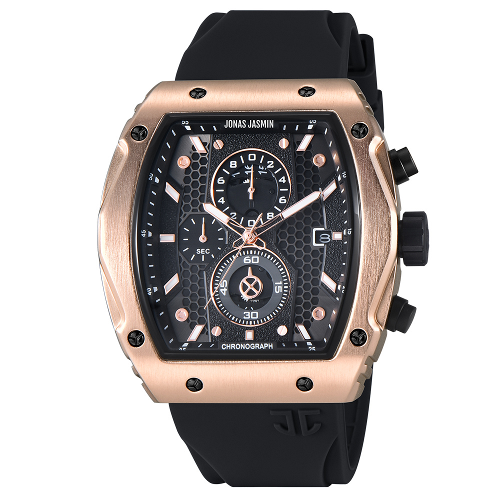【Jonas Jasmin 喬納斯】JJ-5338MC-P真三眼帶日期夜光男款矽膠石英錶-