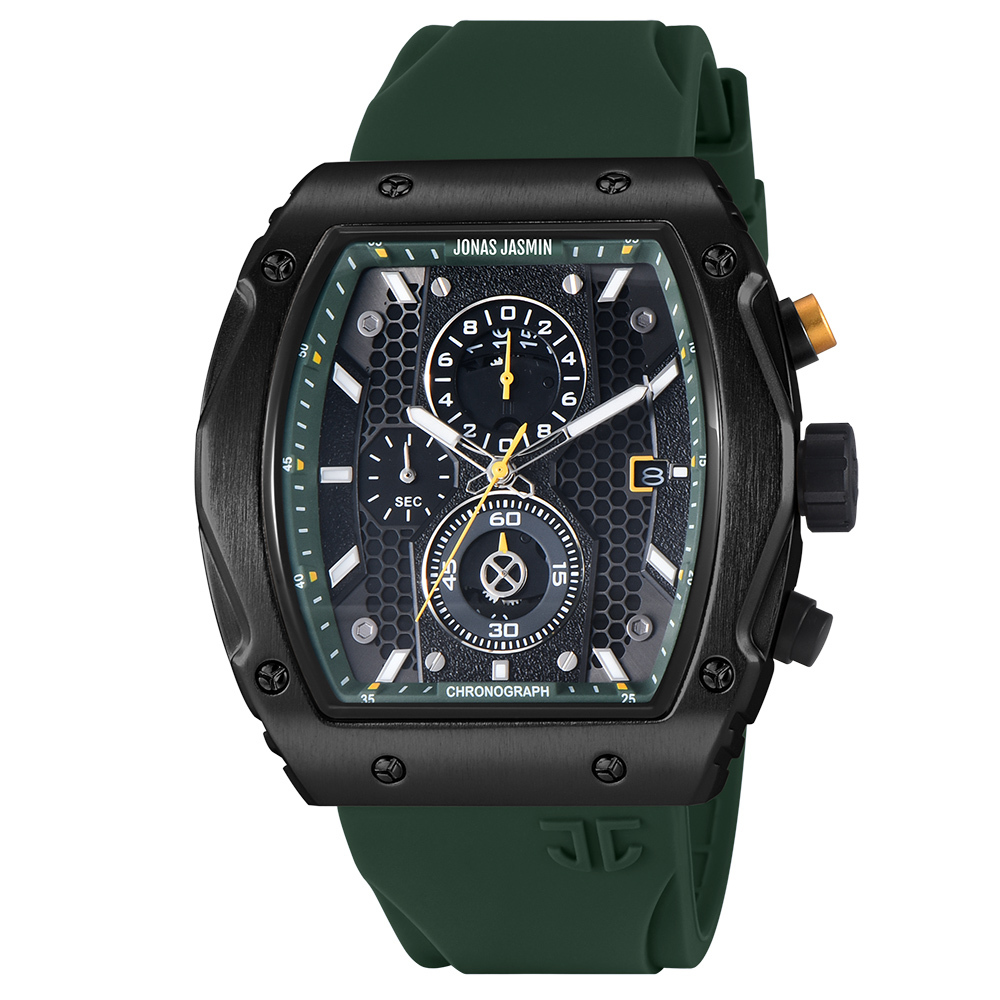 【Jonas Jasmin 喬納斯】JJ-5338MC-P真三眼帶日期夜光男款矽膠石英錶-