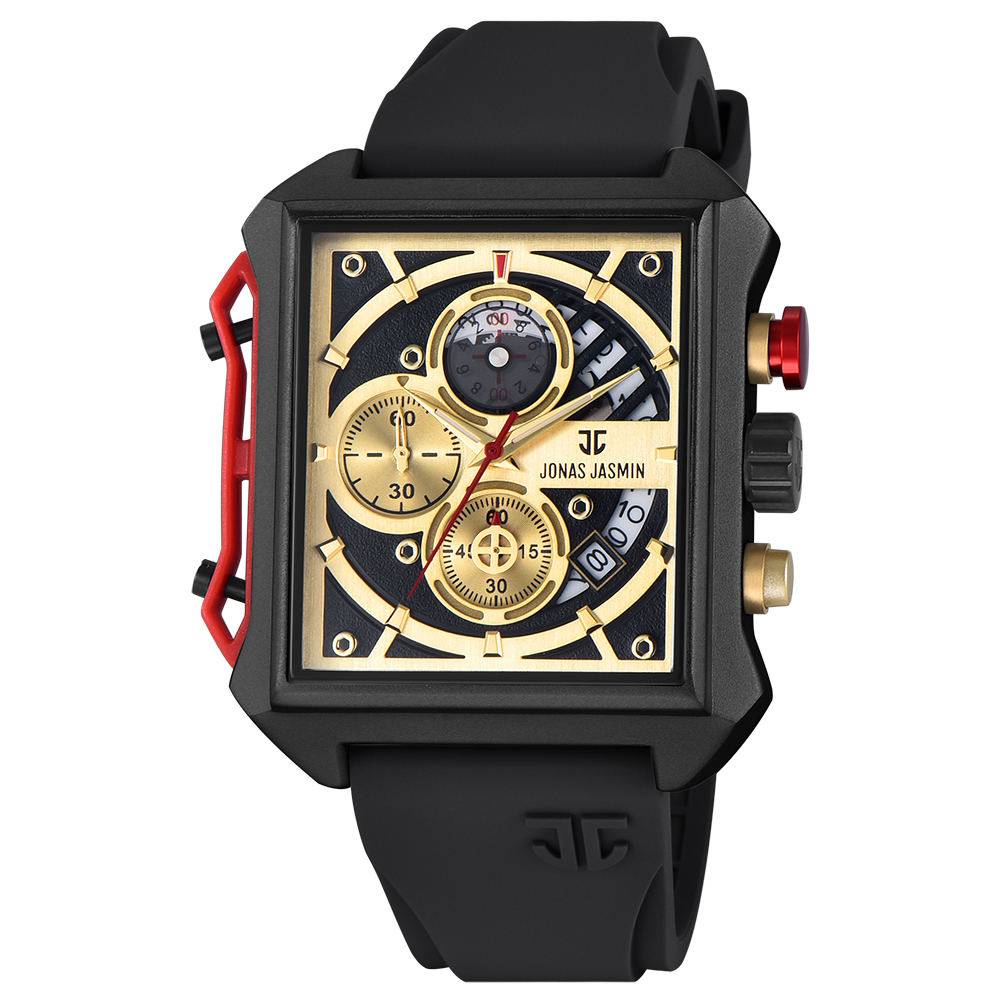 【Jonas Jasmin 喬納斯】JJ-5343MC-P真三眼帶日期夜光男款矽膠石英錶-