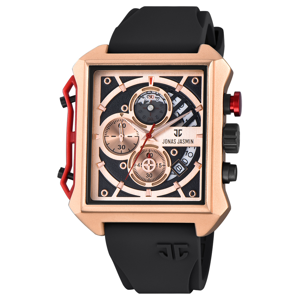 【Jonas Jasmin 喬納斯】JJ-5343MC-P真三眼帶日期夜光男款矽膠石英錶-