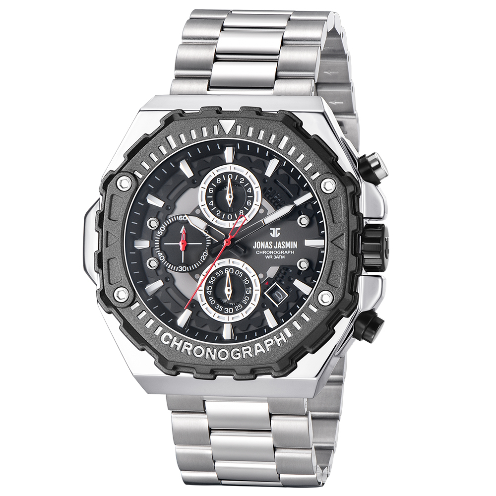 【Jonas Jasmin 喬納斯】JJ-5349MC-S真三眼夜光帶日期男款不鏽鋼石英錶-