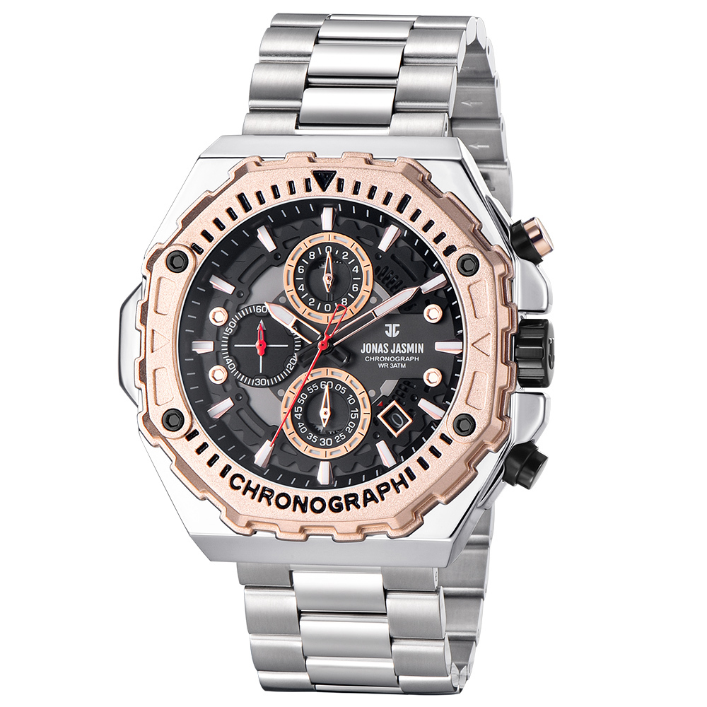 【Jonas Jasmin 喬納斯】JJ-5349MC-S真三眼夜光帶日期男款不鏽鋼石英錶-