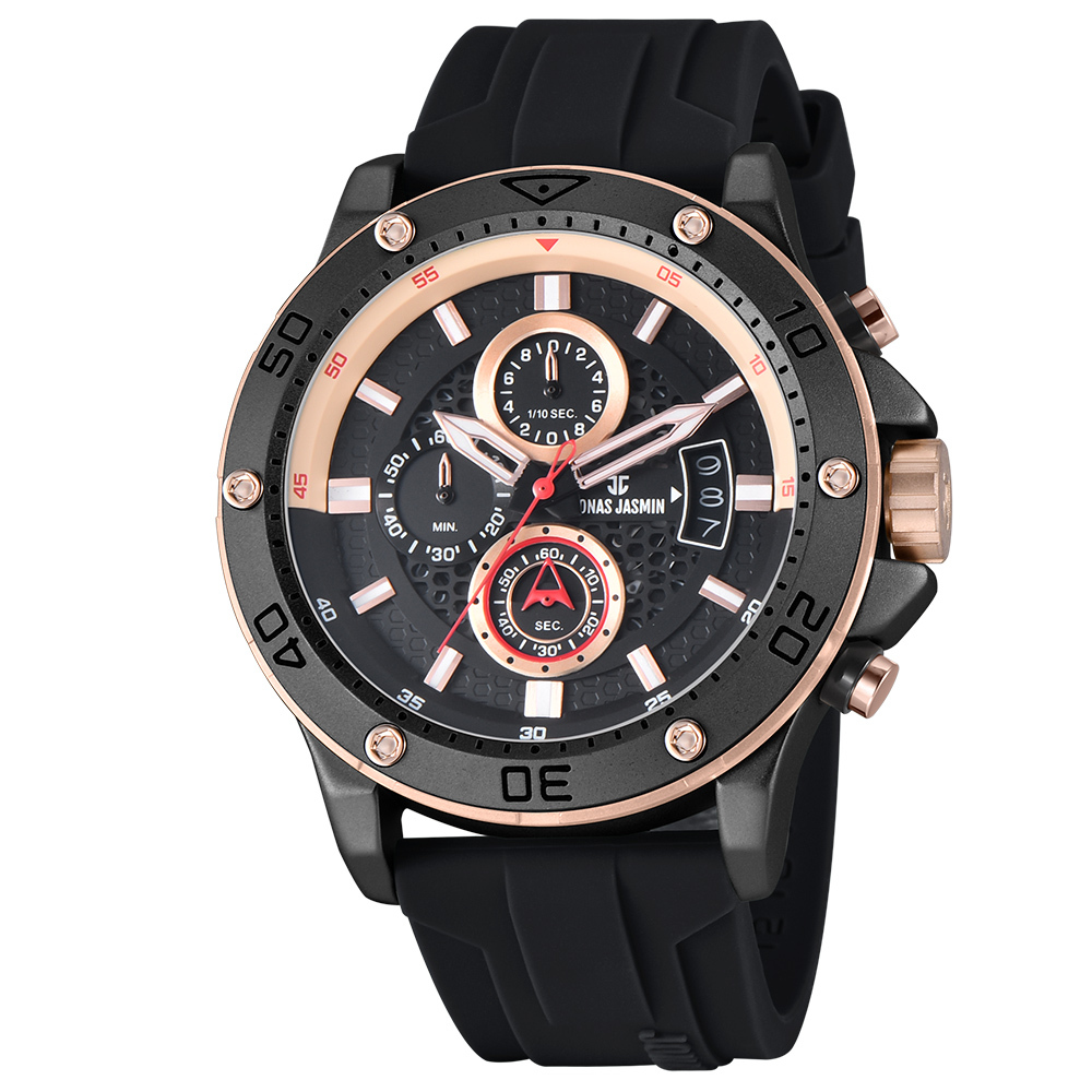 【Jonas Jasmin 喬納斯】JJ-5351MC-P亮麗配色夜光帶日期男款矽膠石英錶-