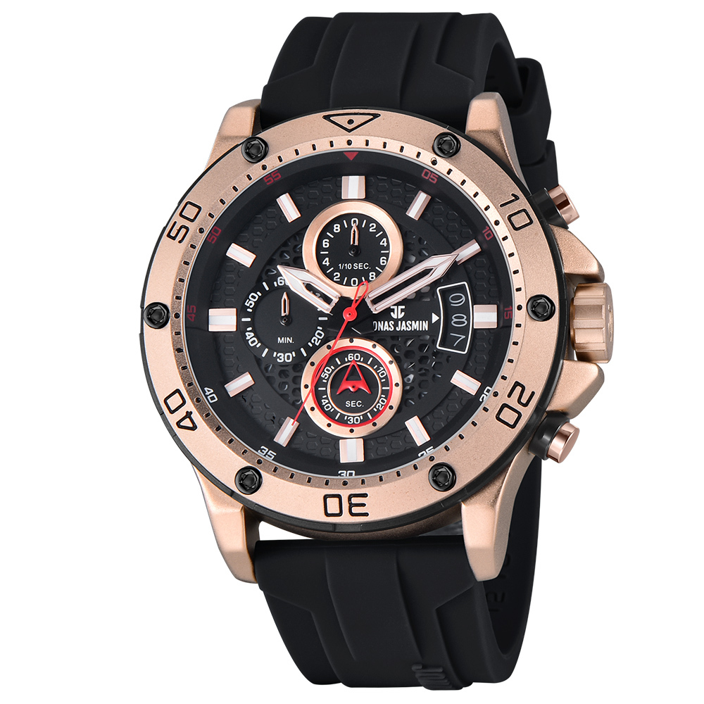 【Jonas Jasmin 喬納斯】JJ-5351MC-P亮麗配色夜光帶日期男款矽膠石英錶-