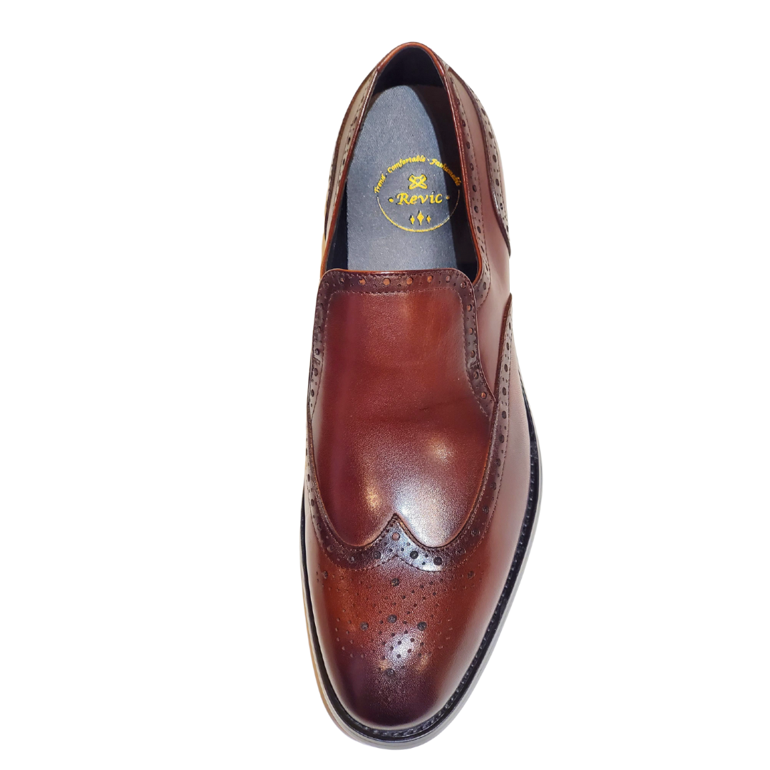 Revic 男裝皮鞋 | CH-22｜酒紅色雕花翼紋無帶便鞋
