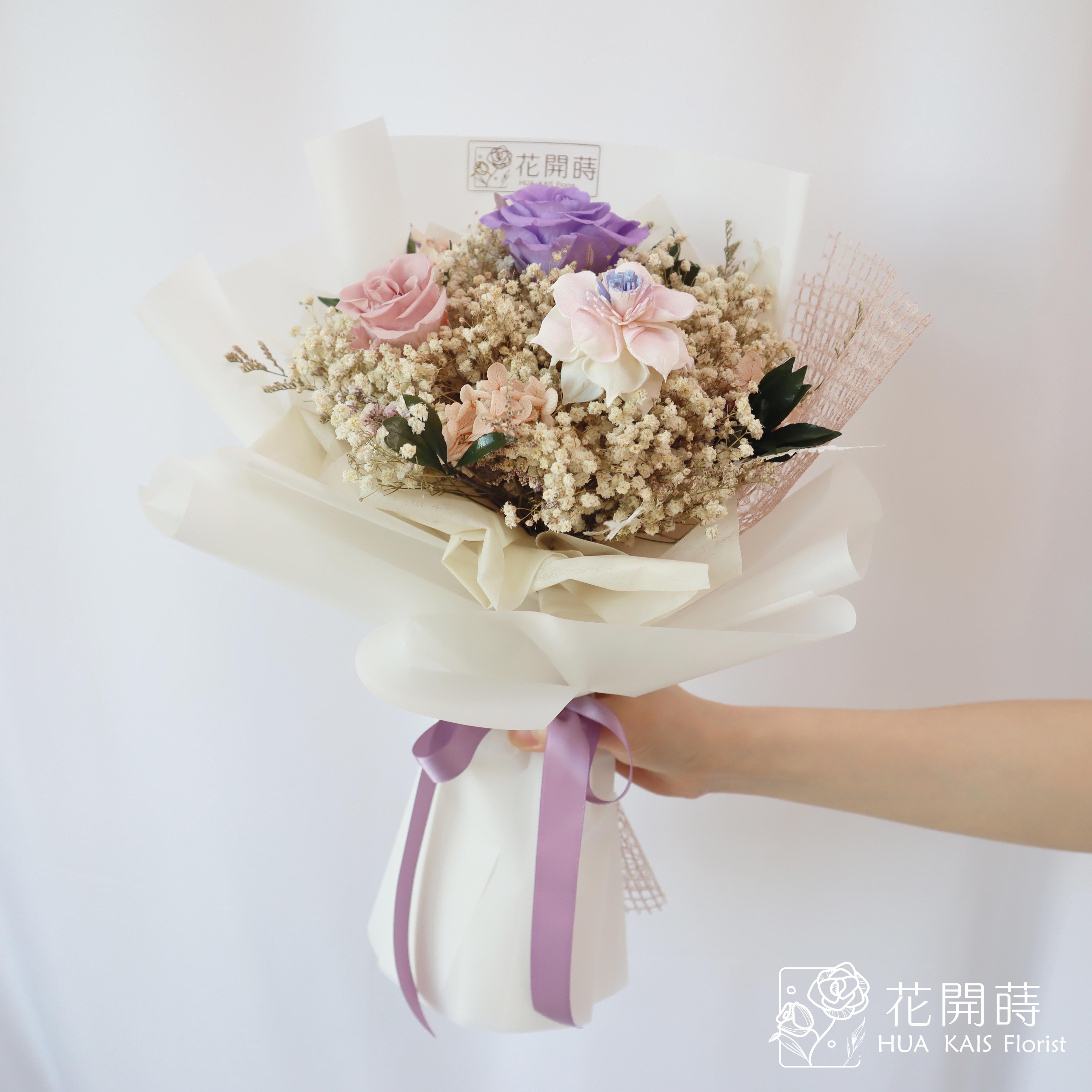 永生玫瑰花束|芋頭奶花束(M)|中型花束|永生花|情人節花束|畢業花束|母親節花束