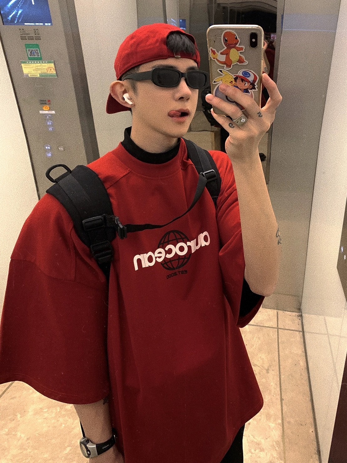 Aurocean 全棉復古機能紅色T恤