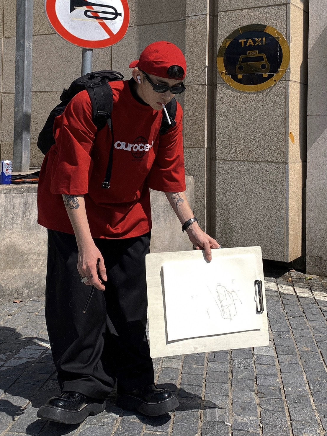 Aurocean 全棉復古機能紅色T恤