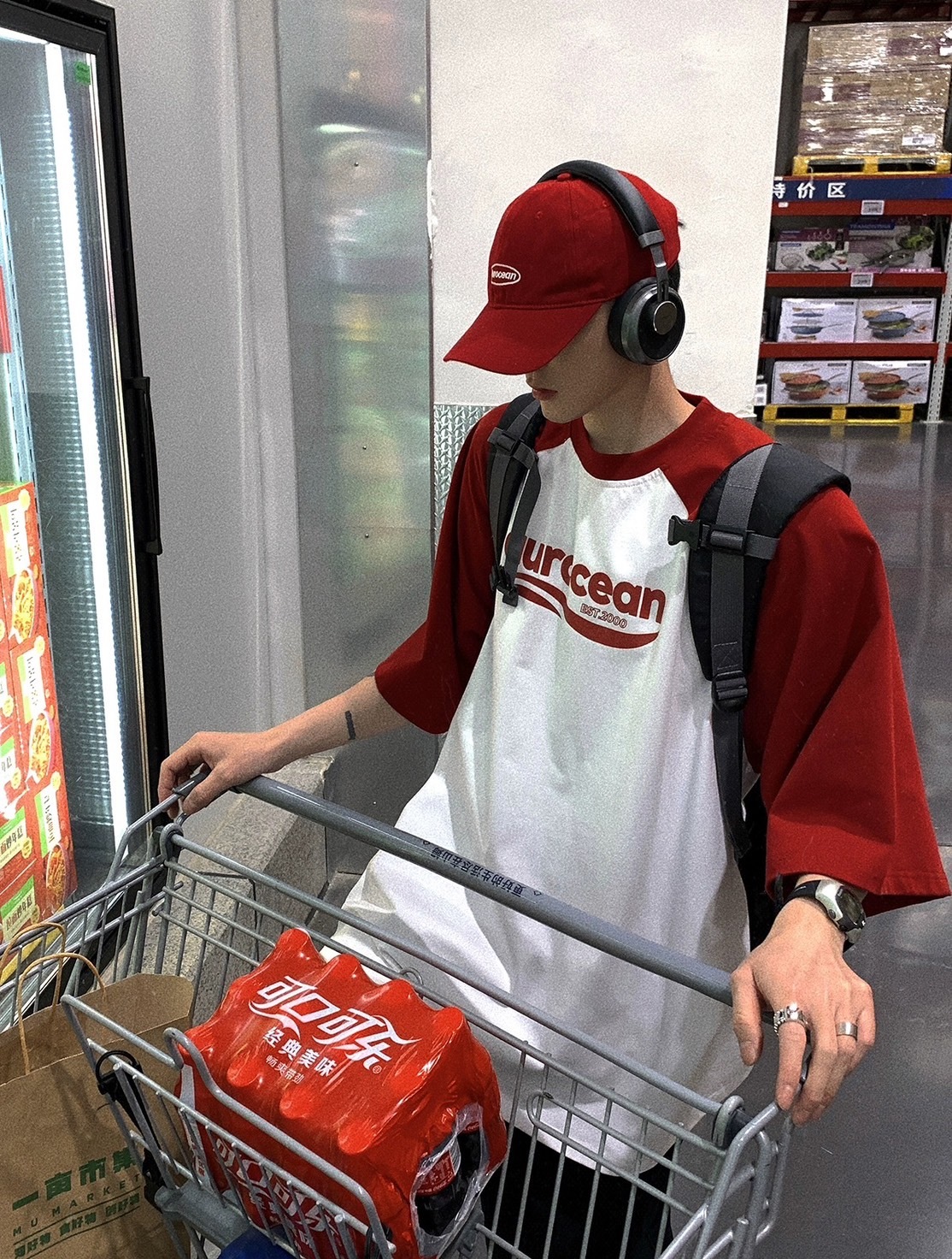 Aurocean 美式復古紅白拼接短袖