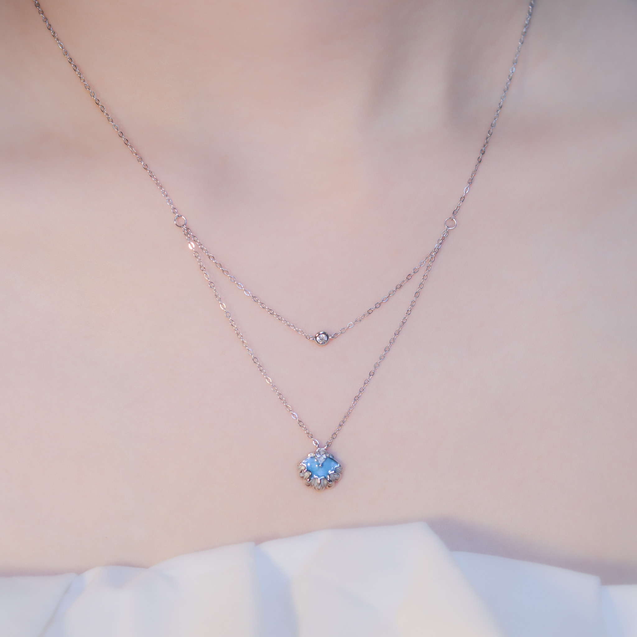 | 925 Silver・White Gold | Blue Shell Double Necklace | NE1097 |