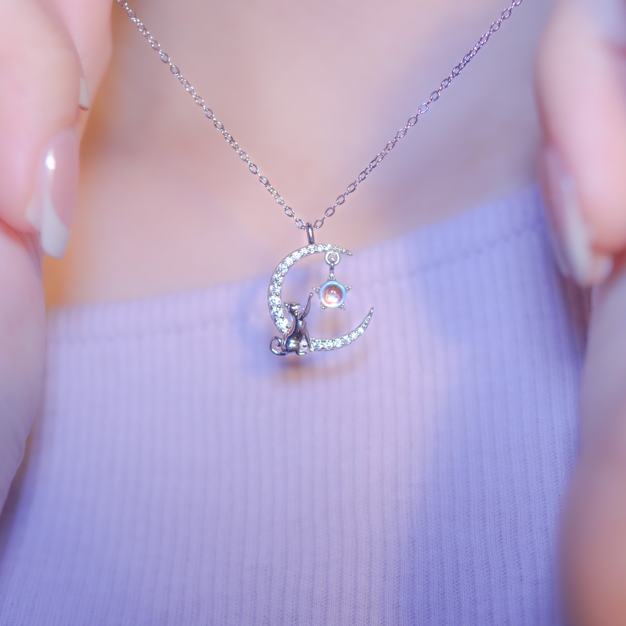 | 925 Silver・ White Gold・Glass Stone  | Playful Kitty Necklace | NE1103 |