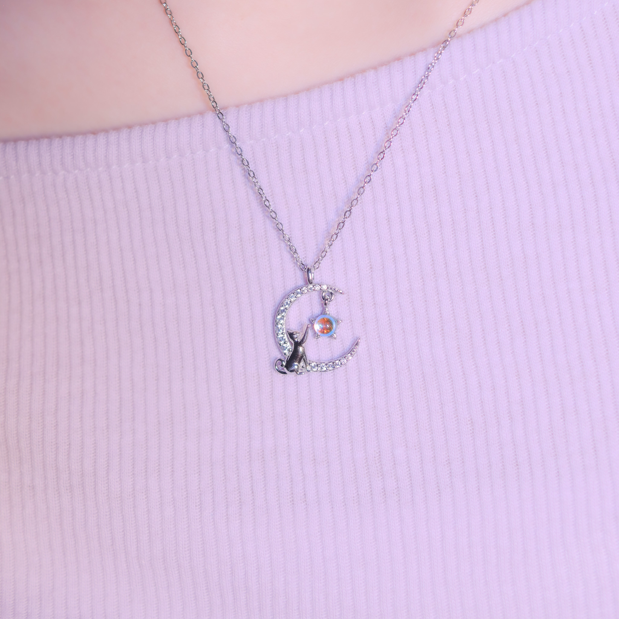 | 925 Silver・ White Gold・Glass Stone  | Playful Kitty Necklace | NE1103 |