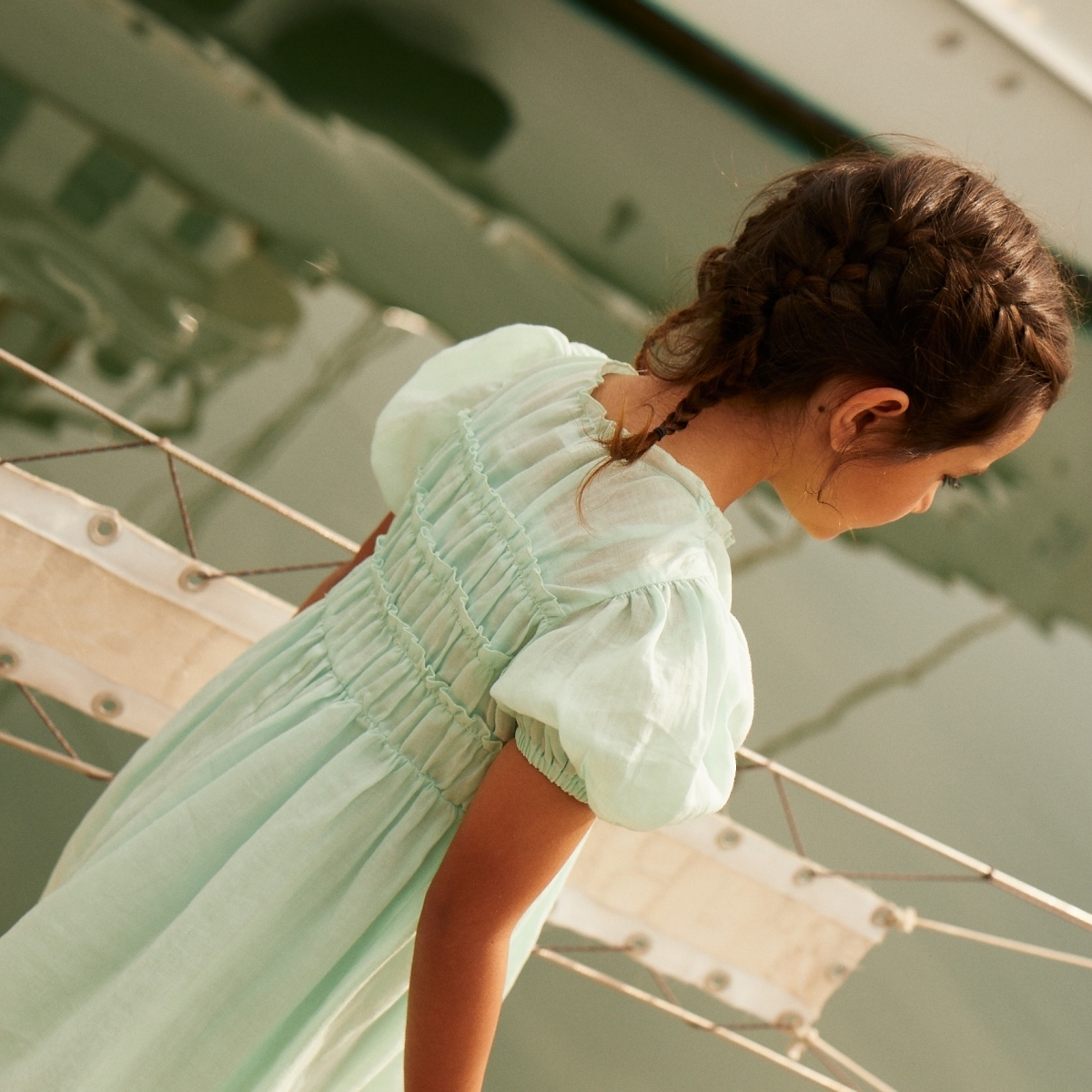 〖 Gingersnaps 〗淺綠皺摺澎袖背心洋裝組