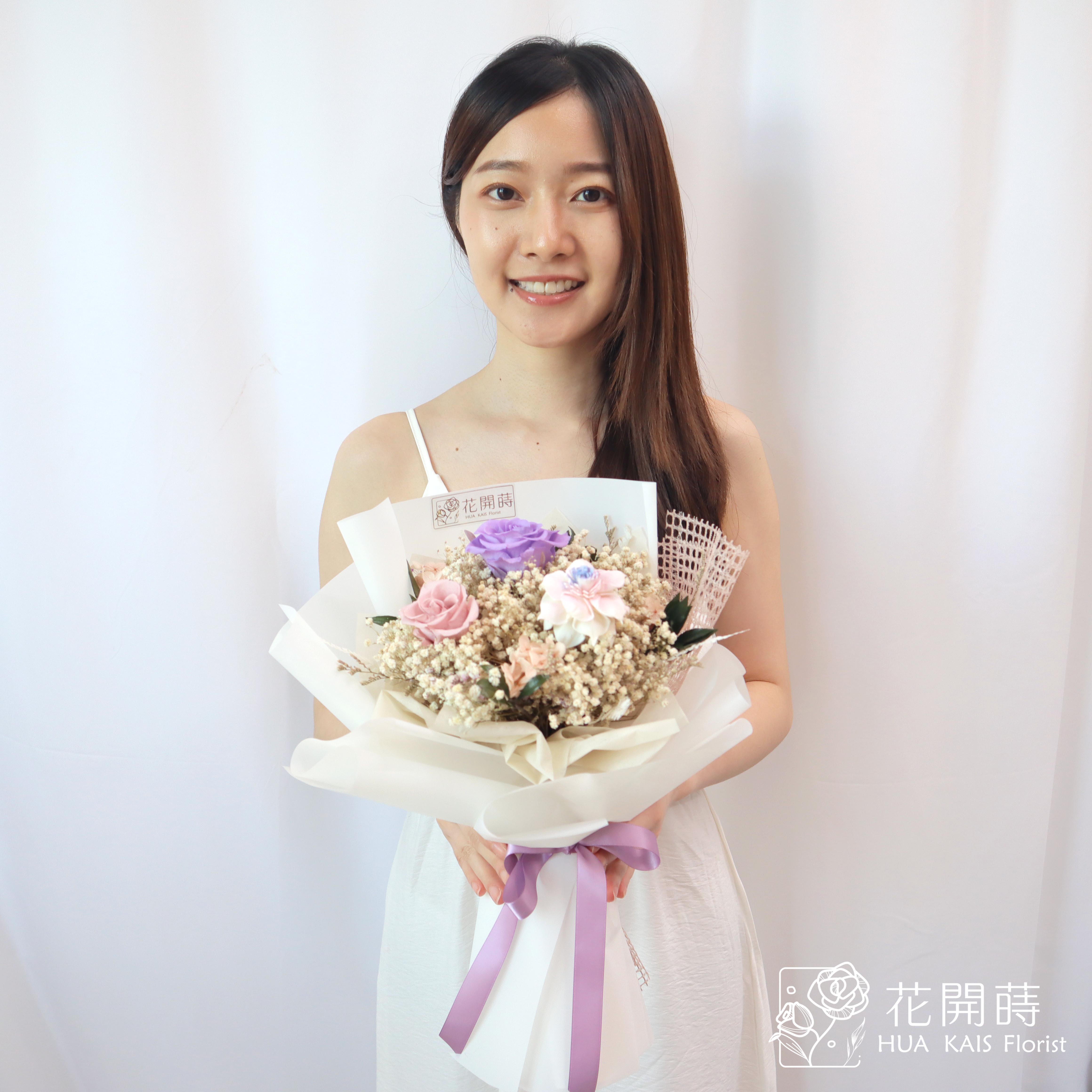 永生玫瑰花束|芋頭奶花束(M)|中型花束|永生花|情人節花束|畢業花束|母親節花束