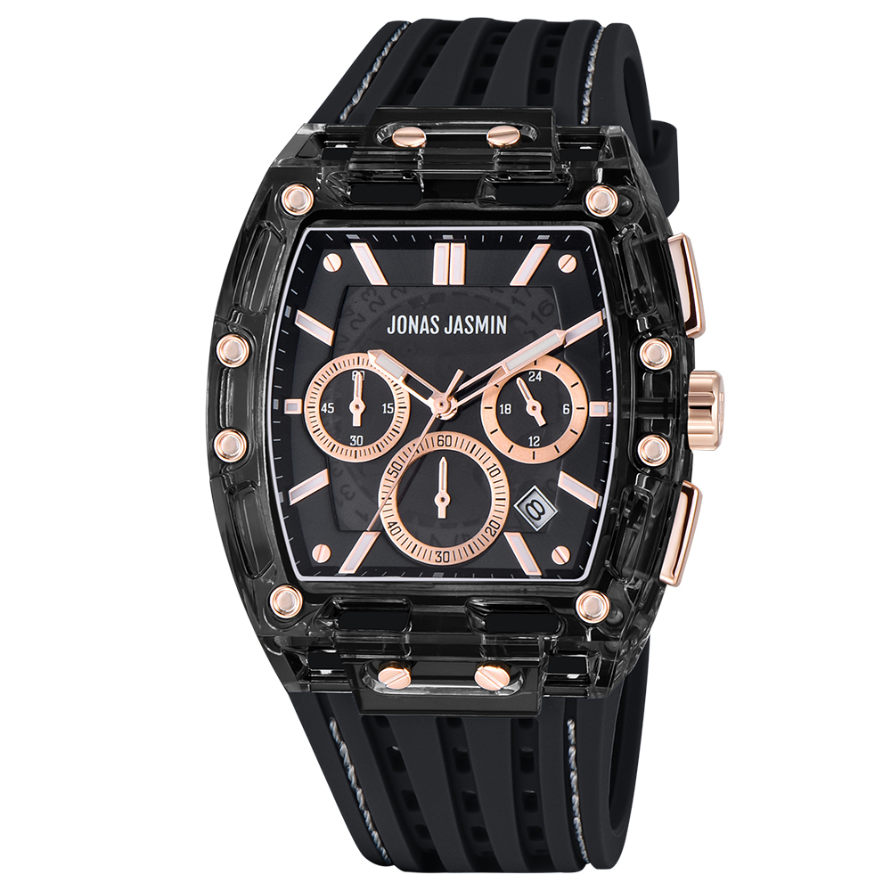 【Jonas Jasmin 喬納斯】JJ-5355MC-P真三眼帶日期夜光男款矽膠石英錶-