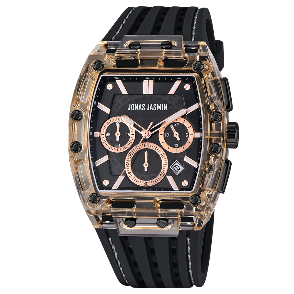【Jonas Jasmin 喬納斯】JJ-5355MC-P真三眼帶日期夜光男款矽膠石英錶-