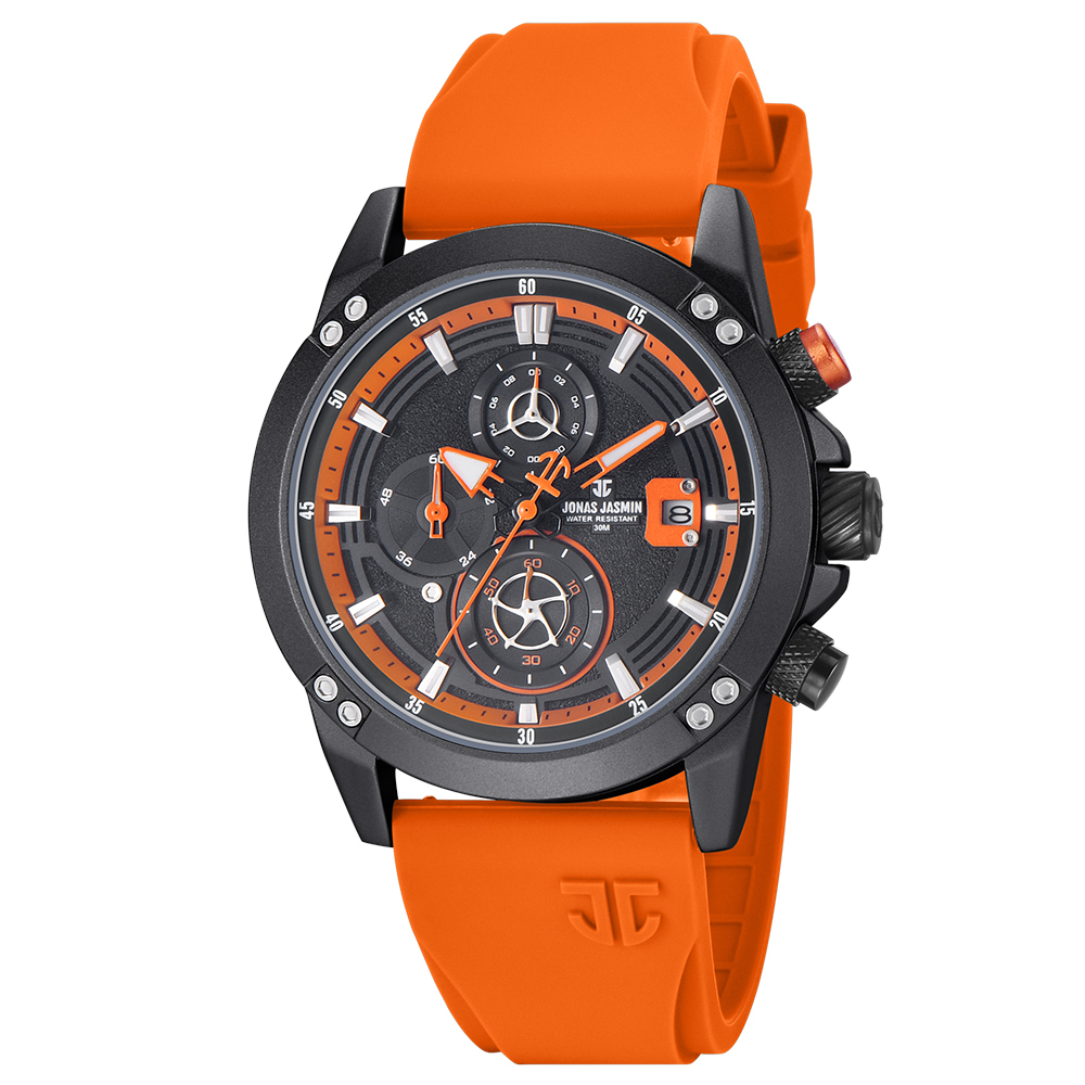 【Jonas Jasmin 喬納斯】JJ-5367MC-P真三眼帶日期夜光男款矽膠石英錶-