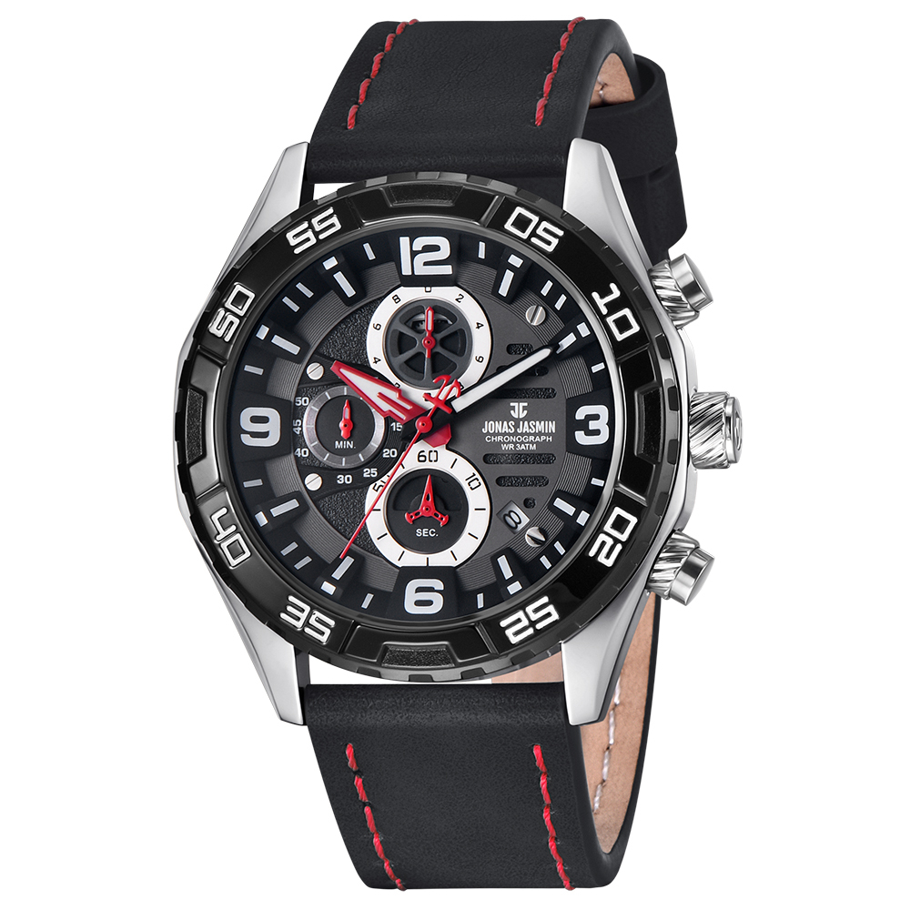 【Jonas Jasmin 喬納斯】JJ-5373MC-L真三眼帶日期夜光男款皮革石英錶-