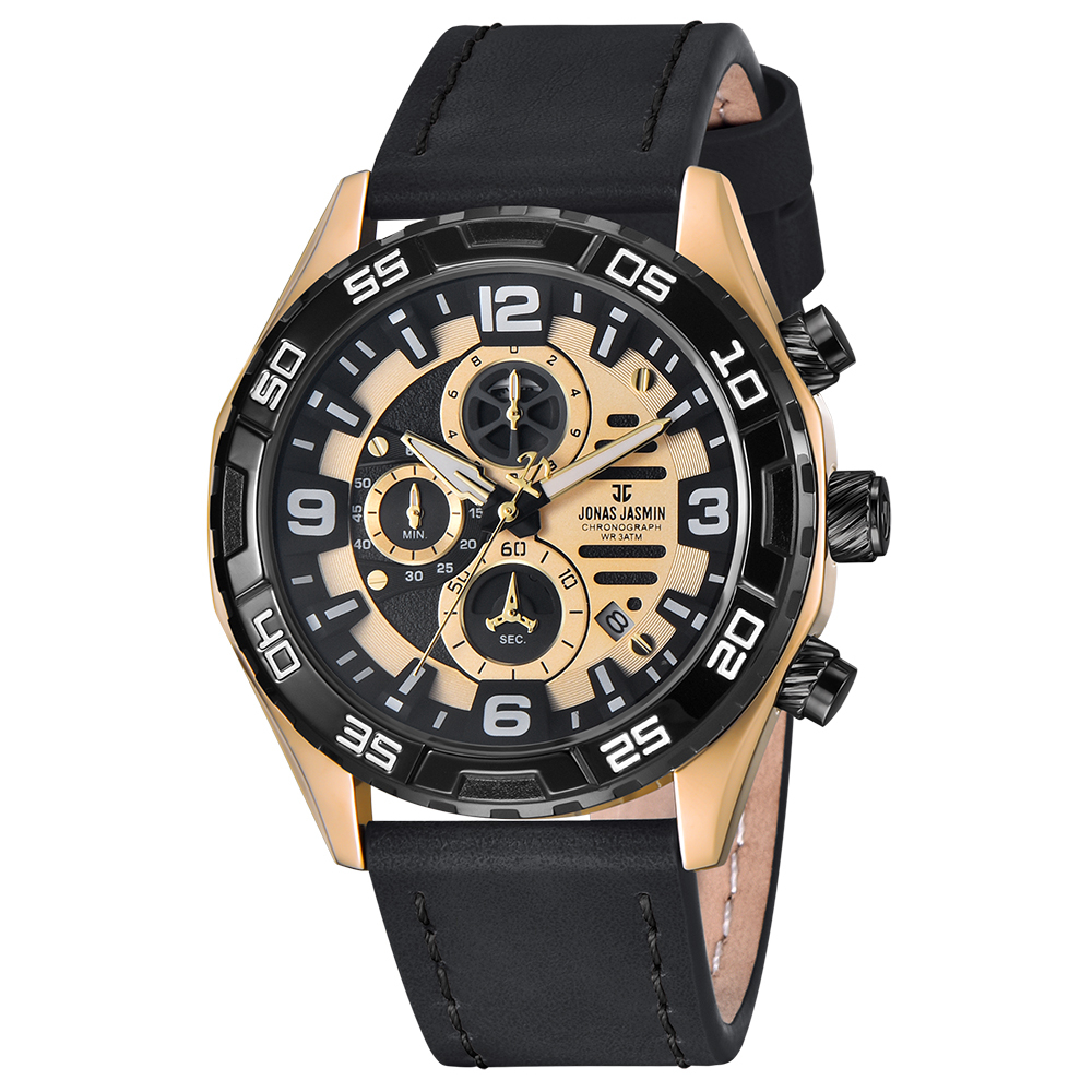 【Jonas Jasmin 喬納斯】JJ-5373MC-L真三眼帶日期夜光男款皮革石英錶-