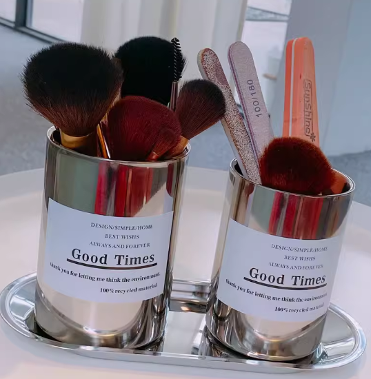 多功能不銹鋼筆筒化妝刷桶 (大,小號筆桶各1+大號托盤x1, 0.5kg)