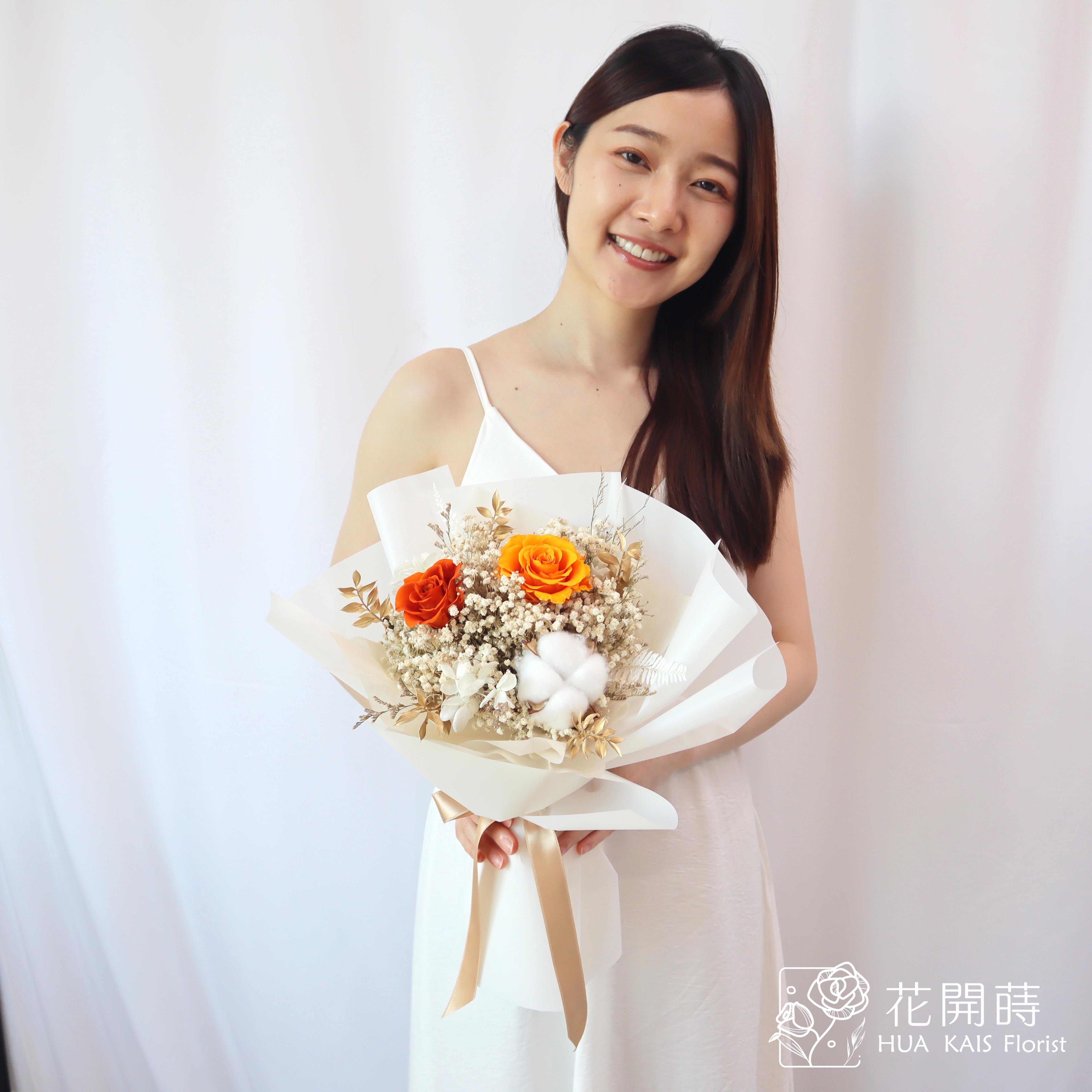 永生玫瑰花束|愛馬仕橘(M)|中型花束|永生花|情人節花束|畢業花束|母親節花束