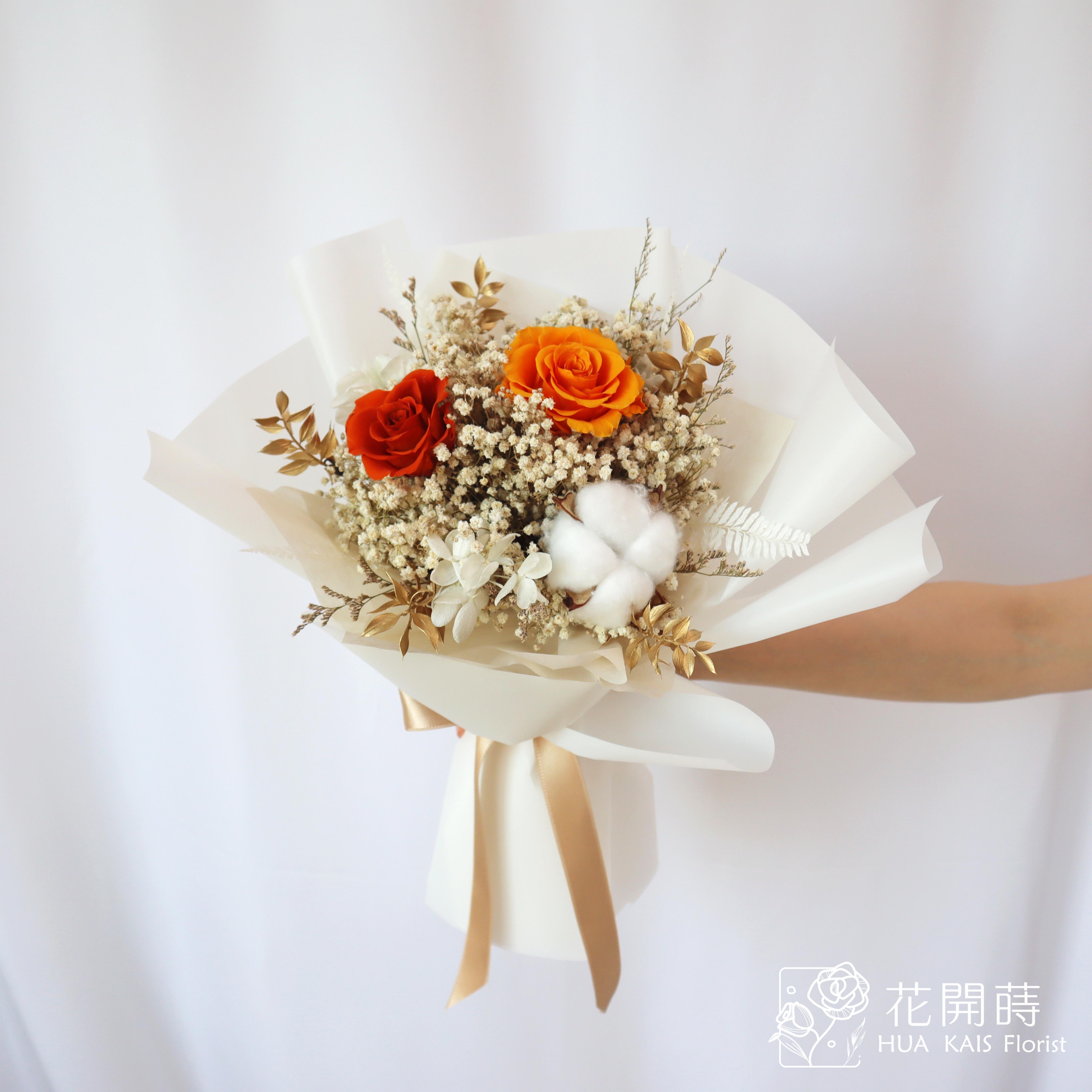 永生玫瑰花束|愛馬仕橘(M)|中型花束|永生花|情人節花束|畢業花束|母親節花束