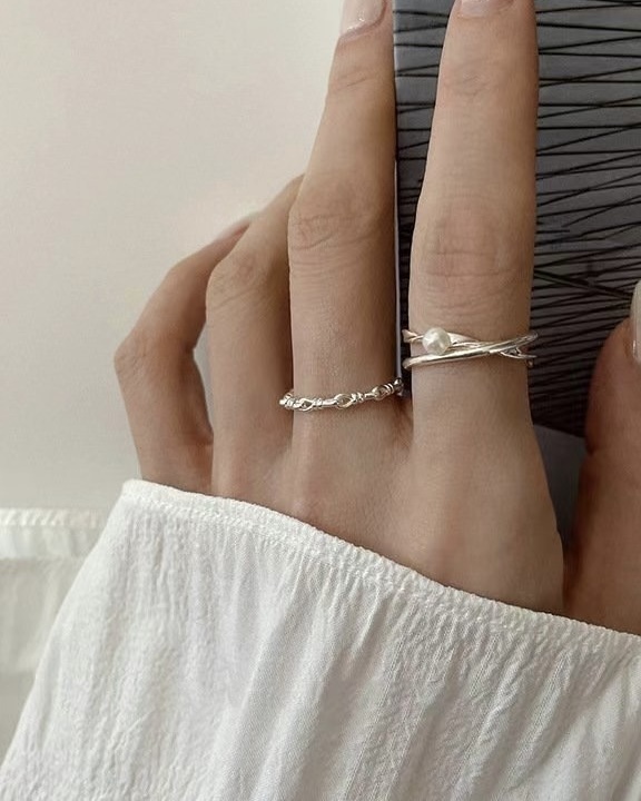 Silver pearl and knot open ring set  ͙S925