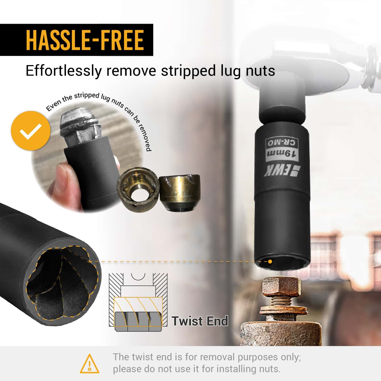 1 2 DR. Flip Hex Twist Lug Nut Extractor Socket EWK