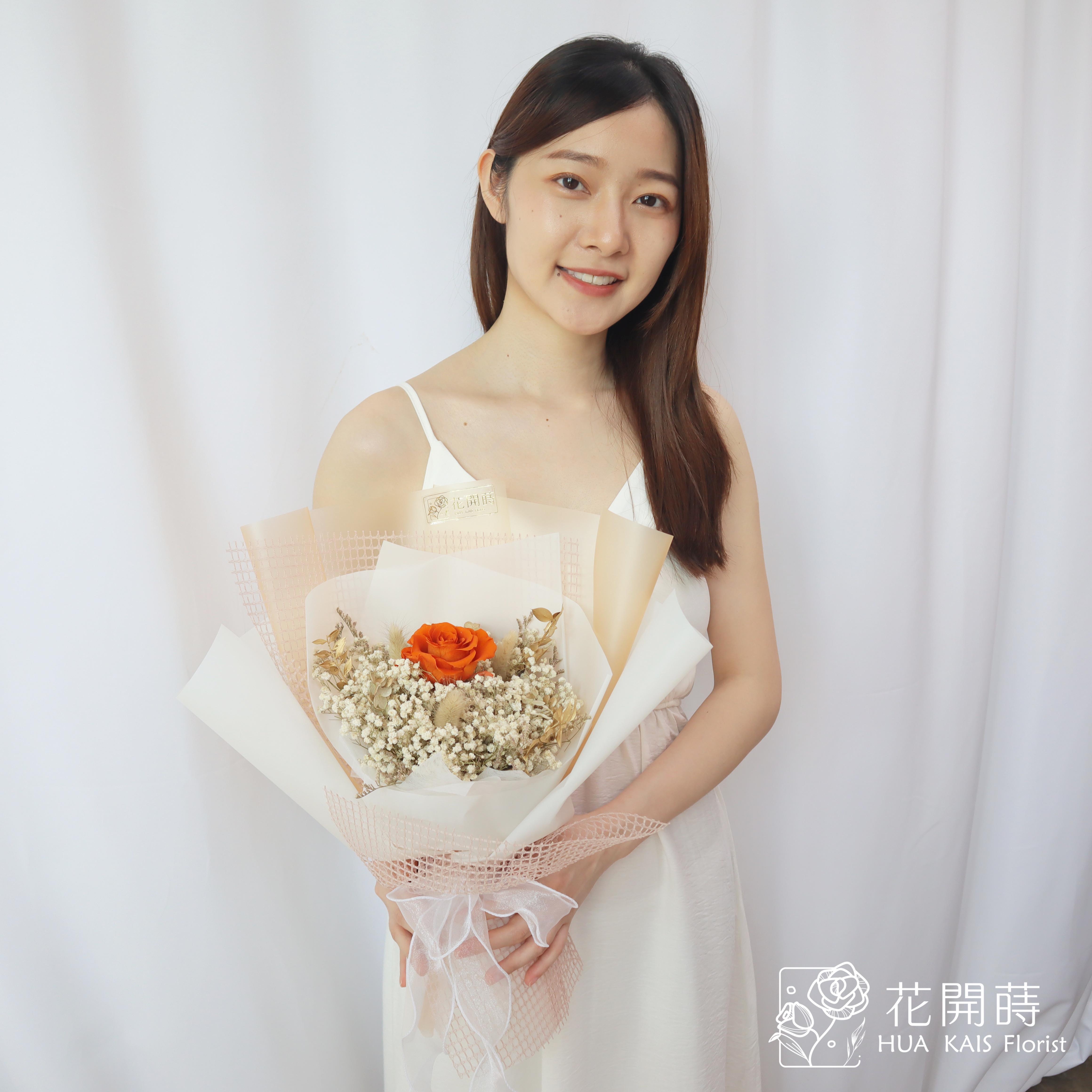 永生玫瑰花束|愛馬仕橘單朵花束(M)|中型花束|永生花|情人節花束|畢業花束|母親節花束