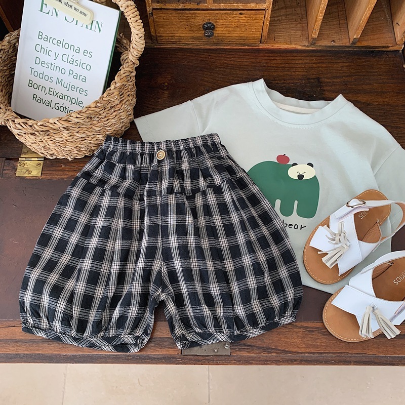 不勒腿燈籠棉麻格子短褲