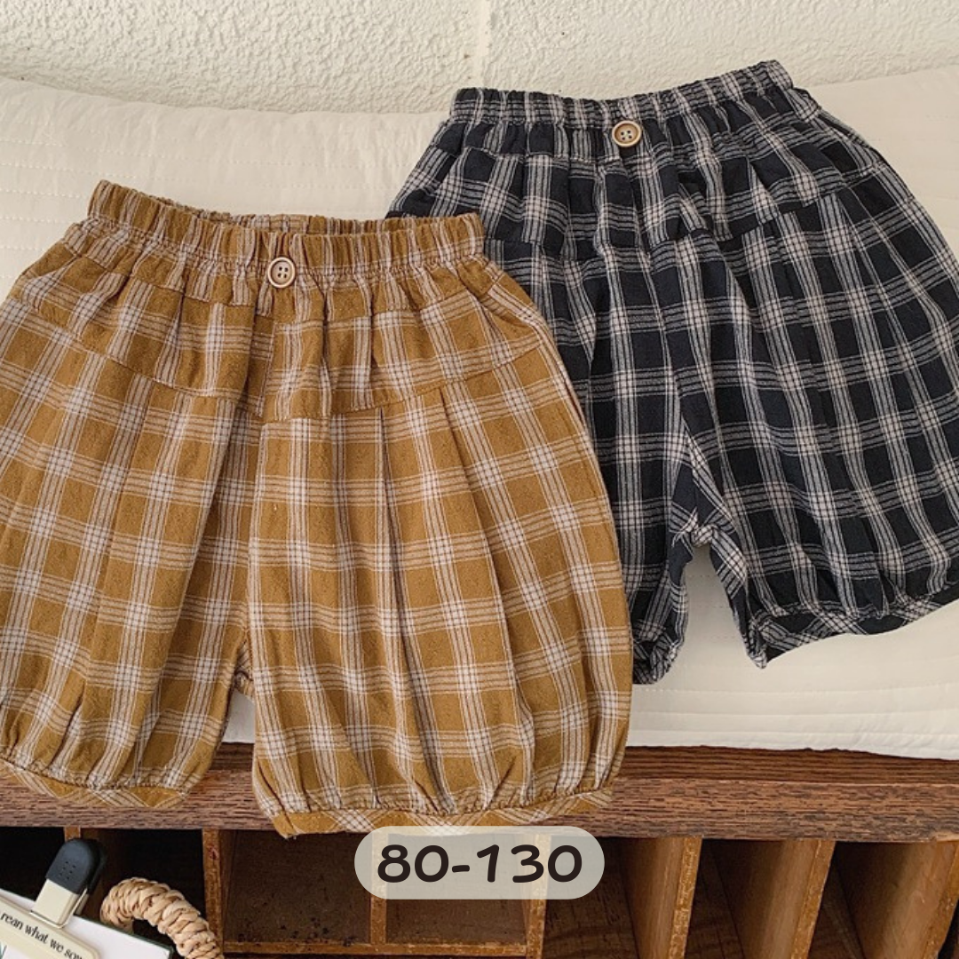 不勒腿燈籠棉麻格子短褲