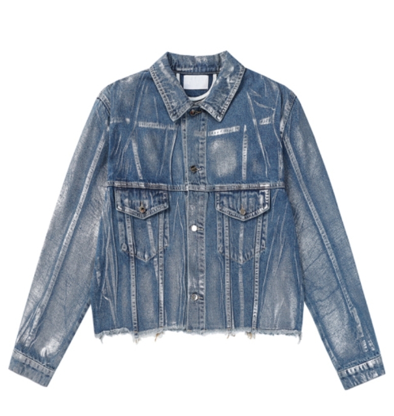 銀色刷漆切邊短款牛仔外套