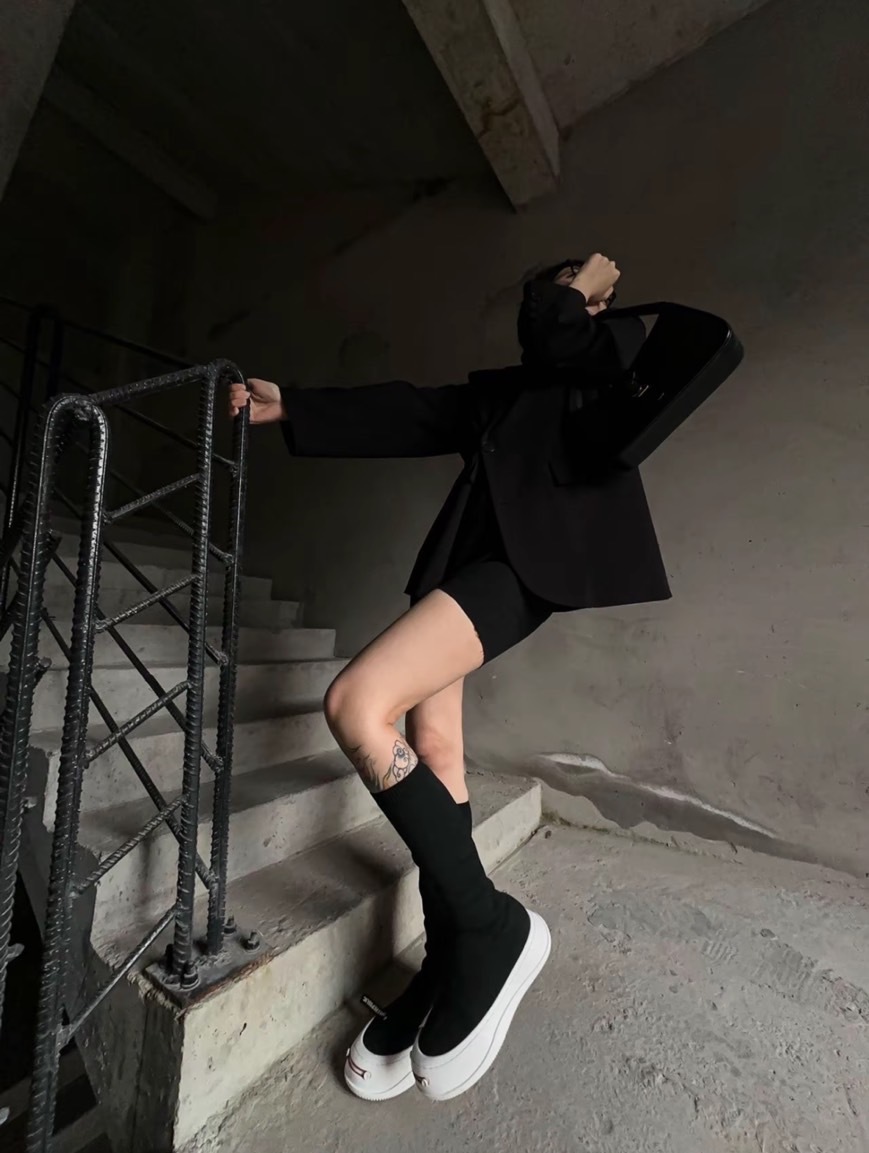 SMILEREPUBLIC 開口笑 厚底 經典 黑色 高筒 長靴 襪套鞋 SR20230101074