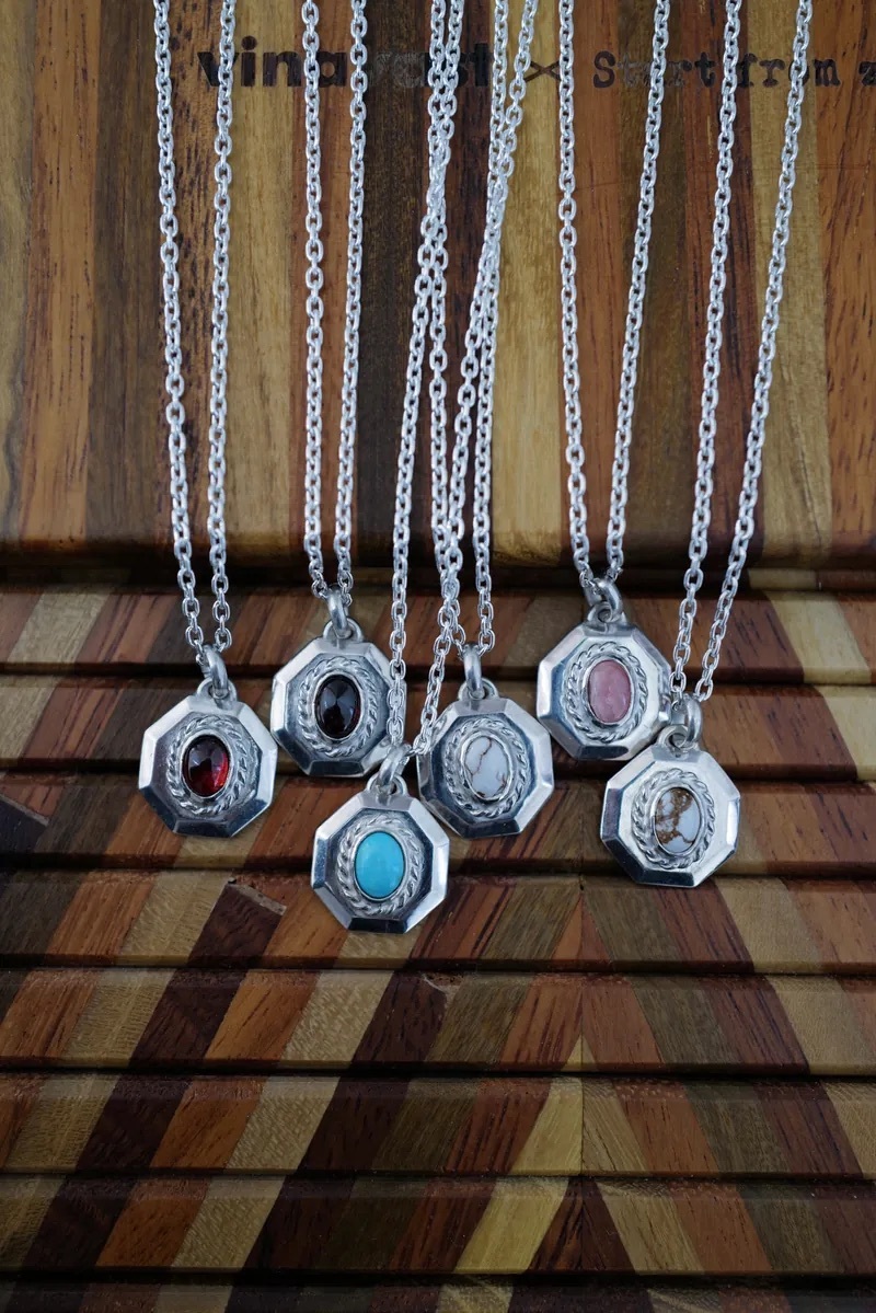 Stone Okutagon Pendant with Silver Chain