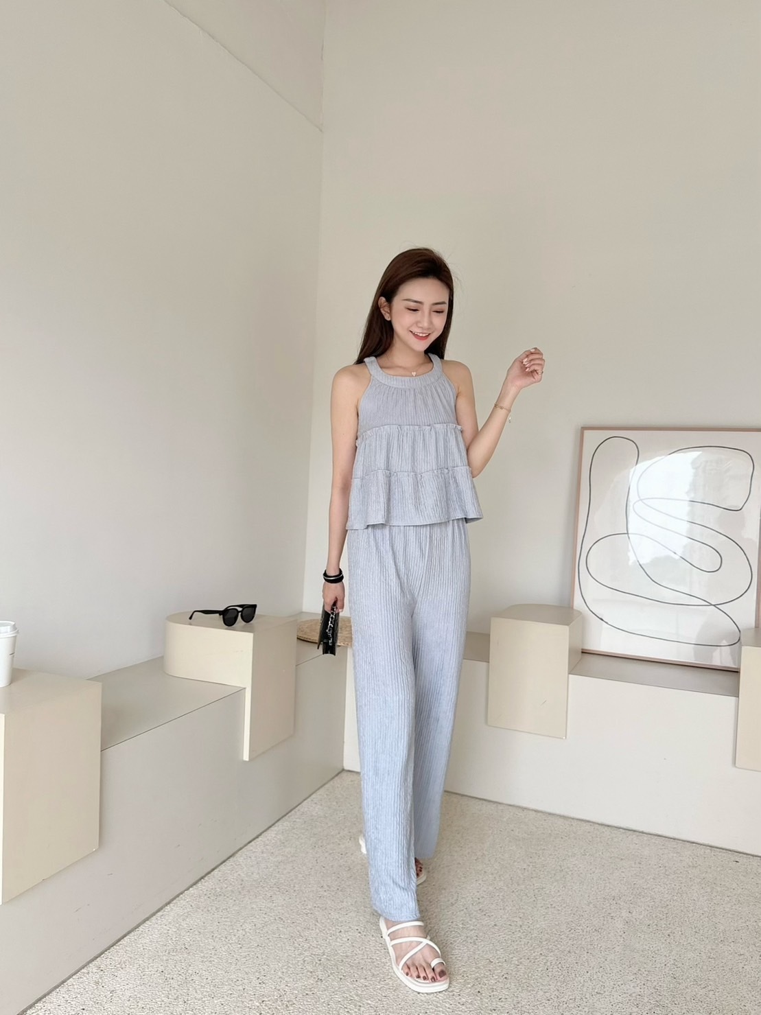 ［預購］🔥04.24春夏新品］💥私訊爆炸～實體美翻］韓版超美透氣涼感薄雪紡削尖背心洋+鬆緊腰寬褲套裝（顯白淡藍灰/兩色）