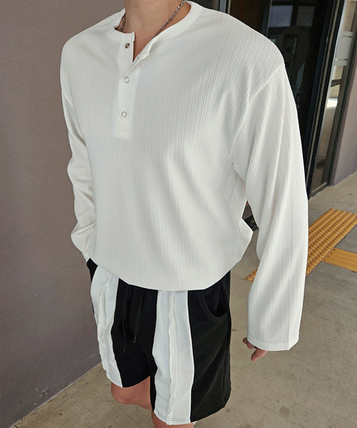 冰絲豎條紋亨利領長袖T恤