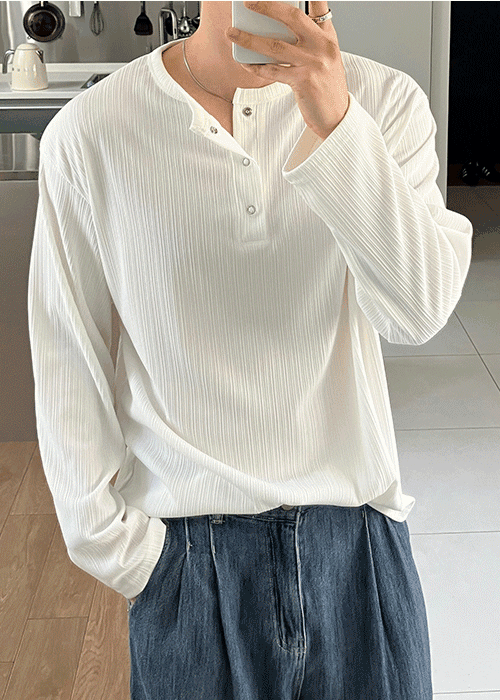 冰絲豎條紋亨利領長袖T恤