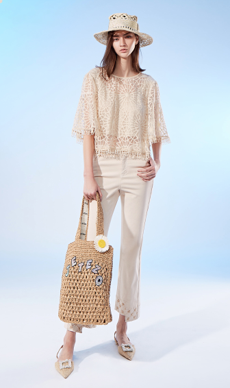 BD10315B1浮雕花園手縫珍珠牛仔喇叭褲