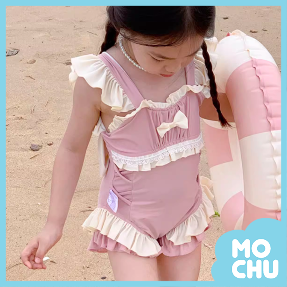 蝴蝶結花邊露背連身泳裝