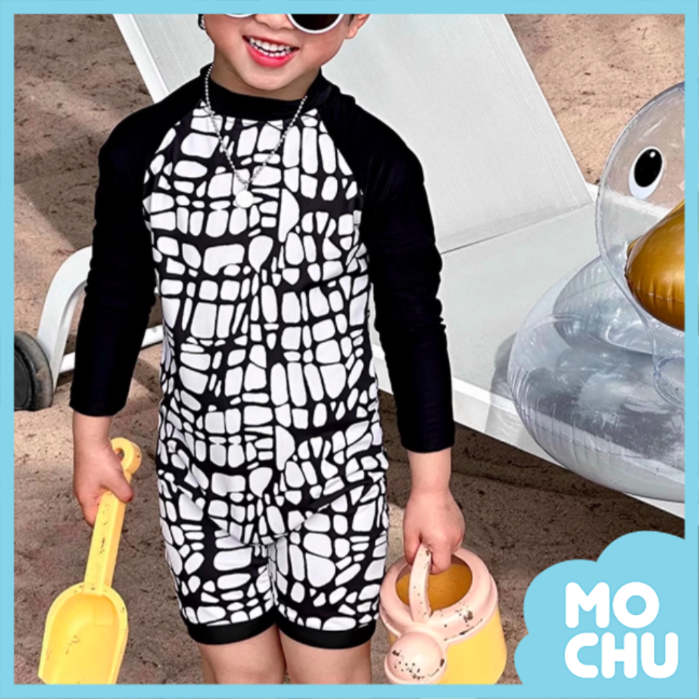 黑網格長袖連身泳裝