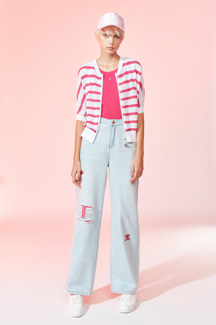 BD10330B1  JE刺繡牛仔微喇寬褲