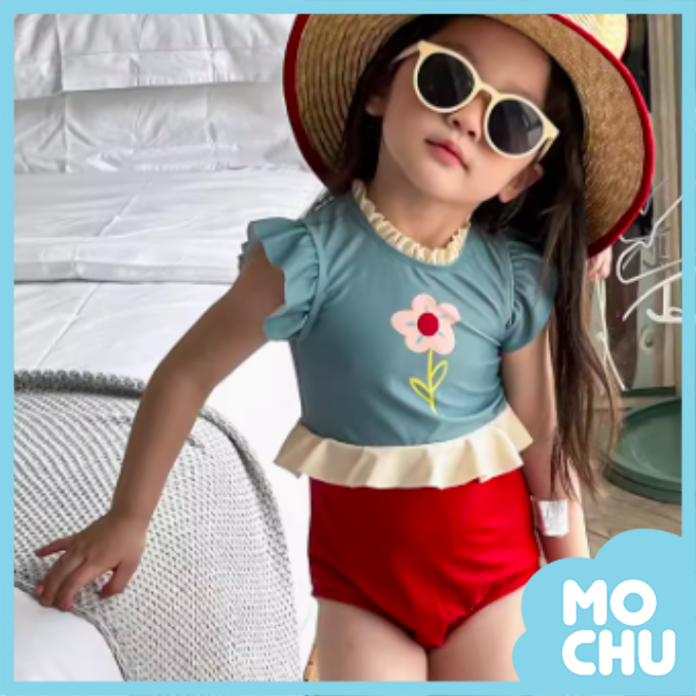 1朵小花撞色飛袖連身泳裝