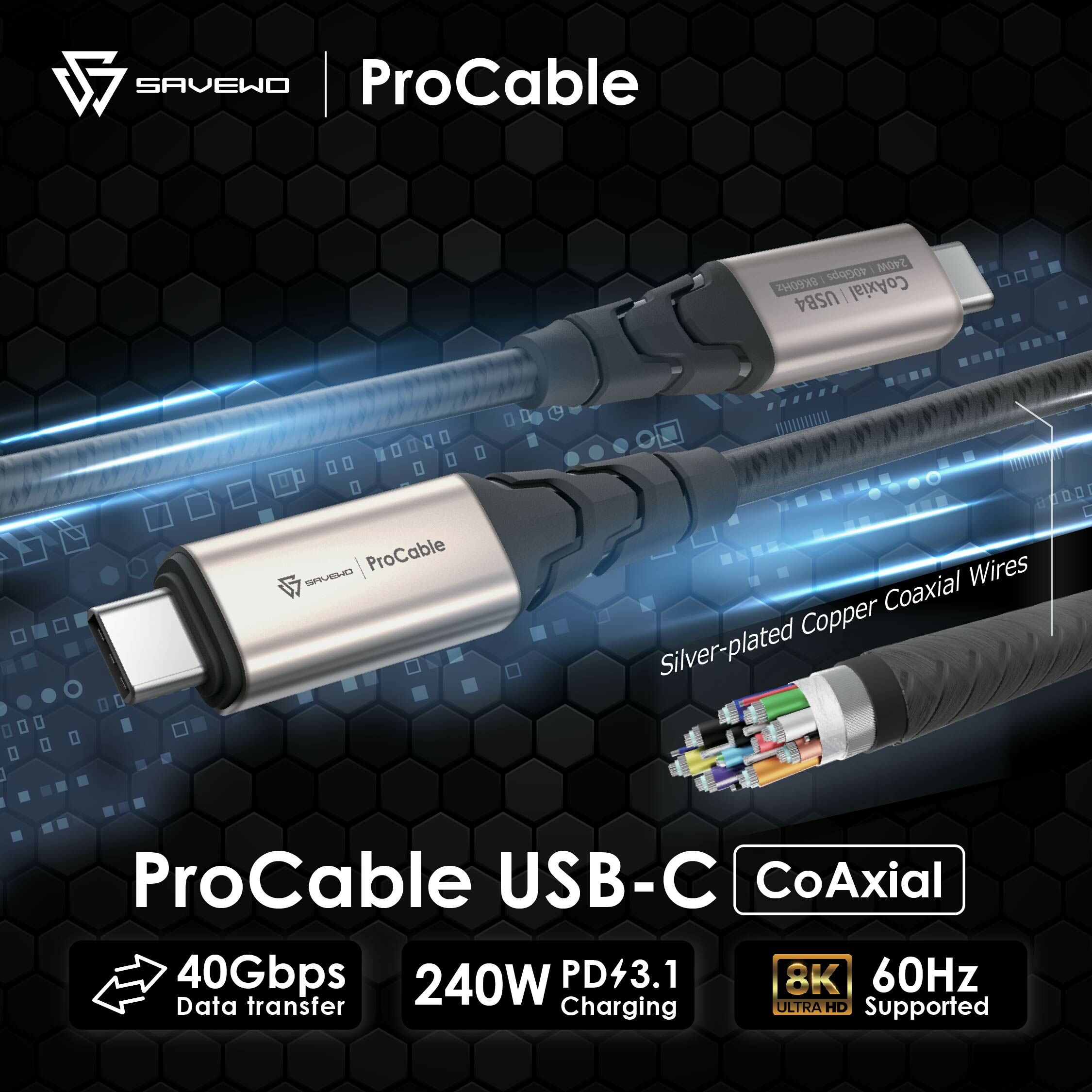 *1米* SAVEWO ProCable USB-C CoAxial USB4 Thunderbolt 4 極速全能線（三色可選）