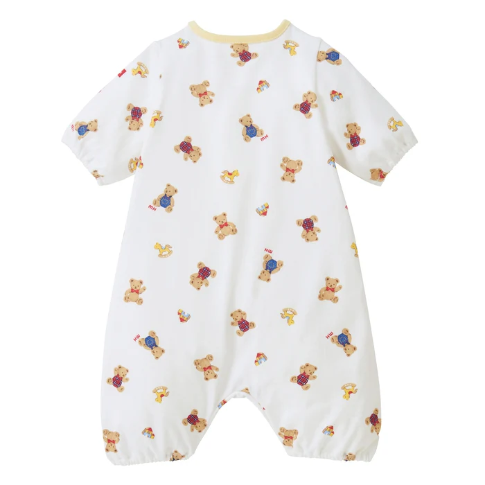 MIKI HOUSE BEAR平紋針織棉短袖前開連身衣-白