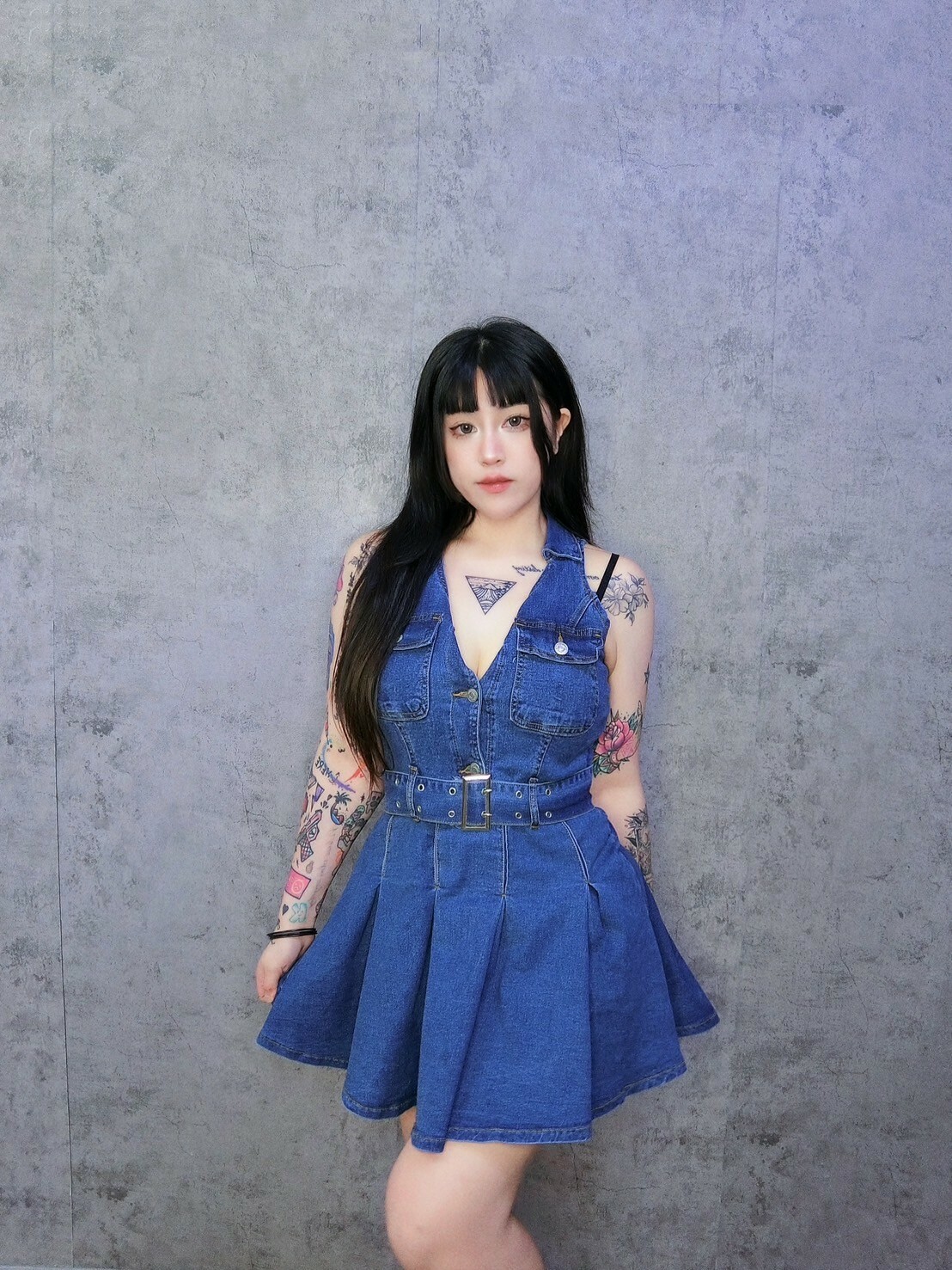 牛仔翻領收腰百摺洋