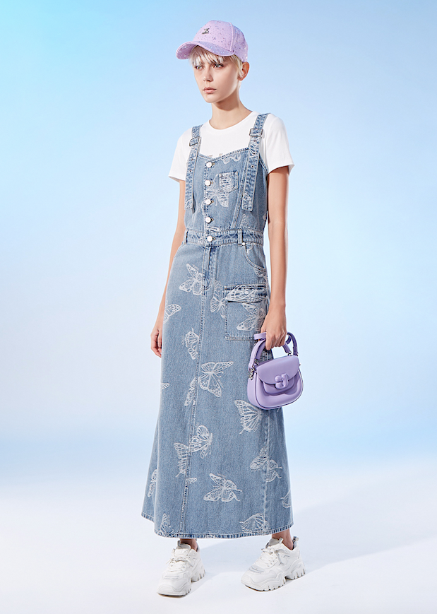 BD10305E1 浮雕花園蝴蝶純棉提花吊帶連身牛仔洋裝