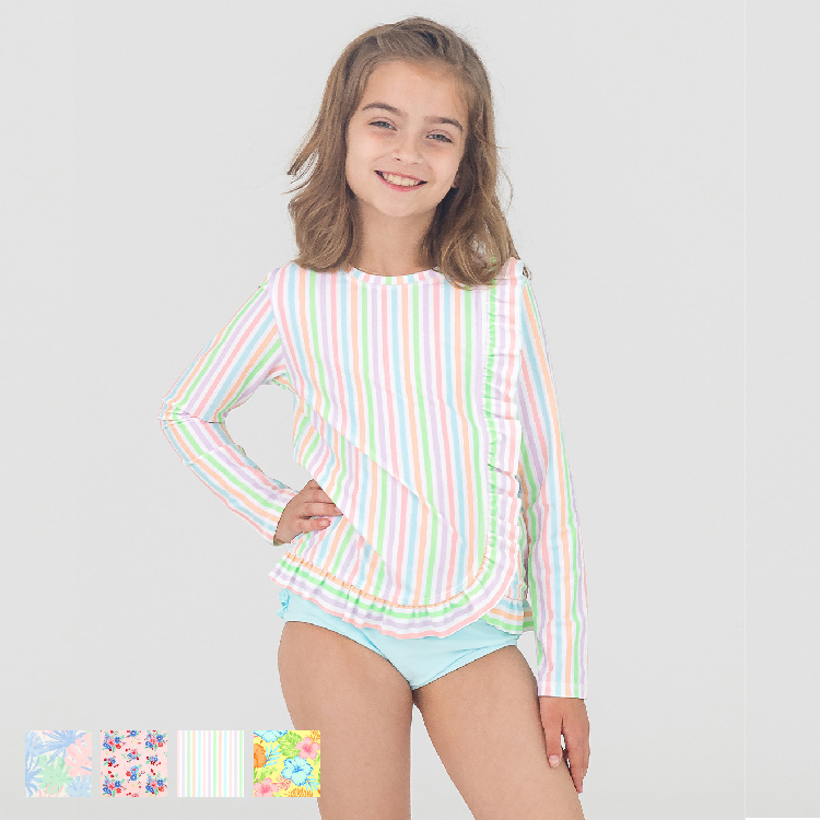 🔥2024新款🔥美國Ruffle Butts - 「柔和棕櫚樹/微風花香/彩虹條紋/快樂草裙舞」荷葉邊長袖防曬衣2件套